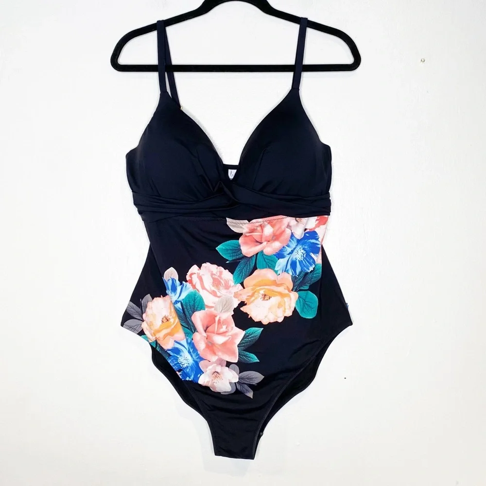 Leilani | NWT Black Floral Gemini Push-Up‎ Underwire One Piece Swimsuit Sz. 14